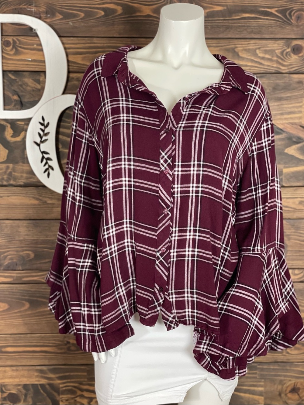 Est 1946 | Relaxed Burgundy Plaid Button-Down Shirt Bell Sleeves Fall Raw Fringe